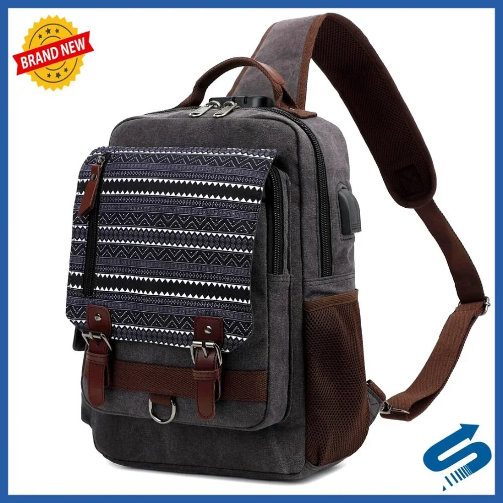 Vintage Canvas Crossbody Messenger Bag with Charging Port for Travel